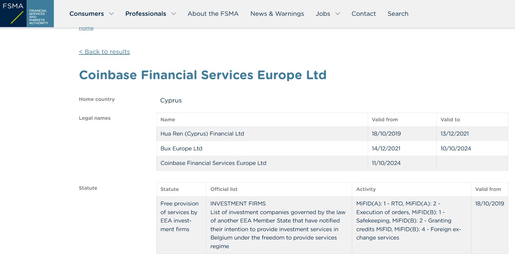 Details of Coinbase Financial Services Europe on the FSMA Register