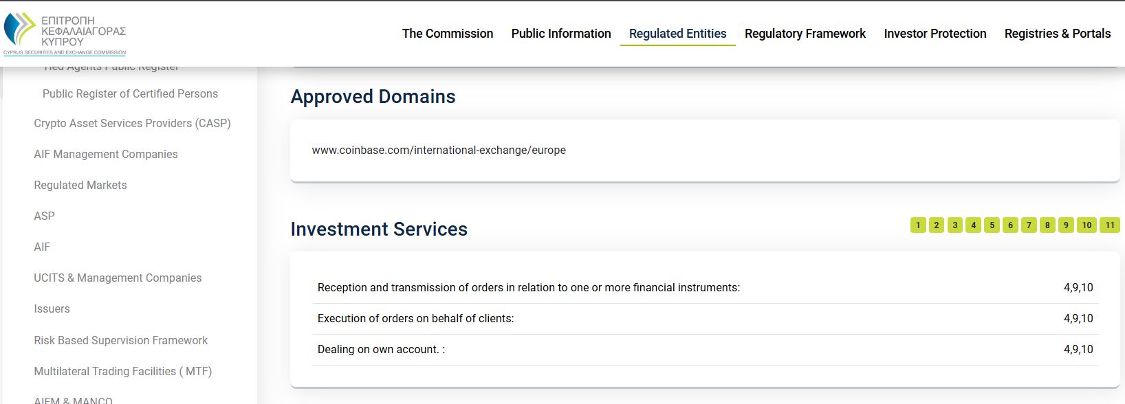 Screenshot of the license details of the new Coinbase CY division on the CySEC registry.