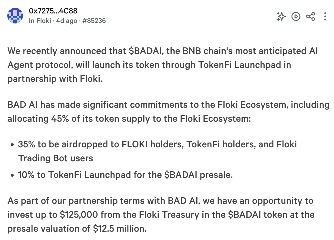 Exposure from Floki offer invest $ 125,000 in Badai