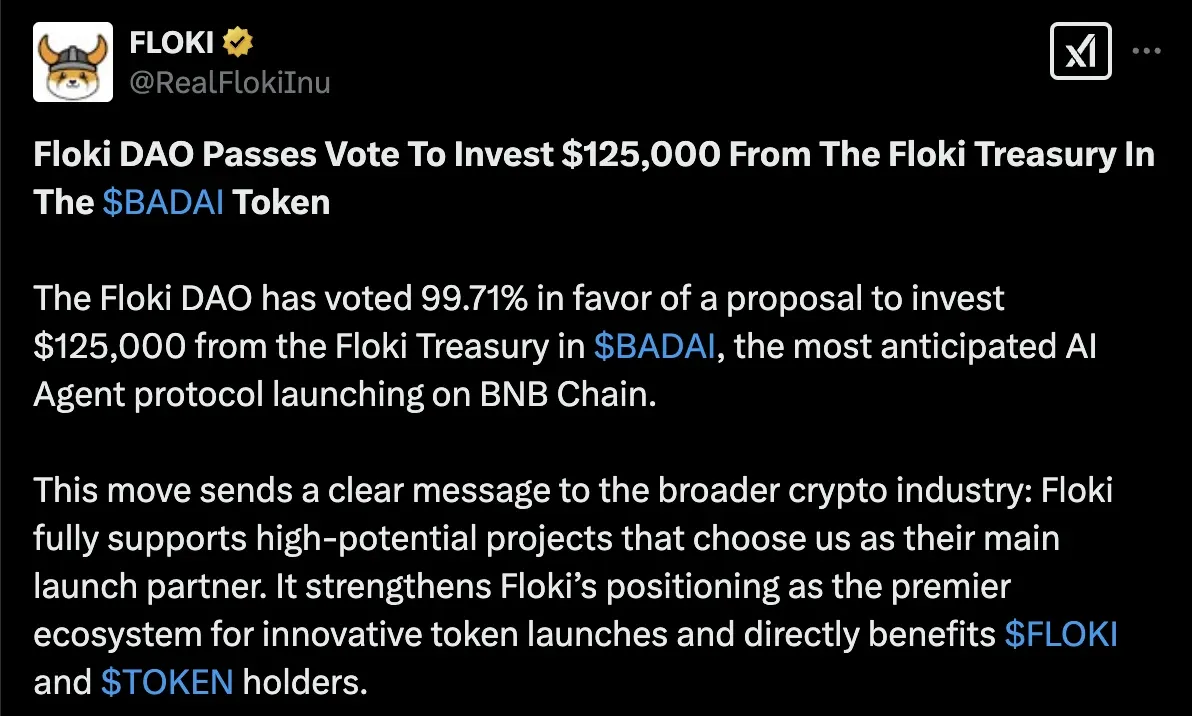 Floki announces that the successful adoption of its last investment proposal