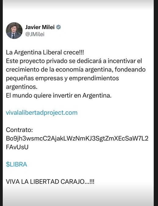 The X Post of Argentina's President, Javier Milei is now deleted, approving the launch of the Meme Meme token on SOLANA